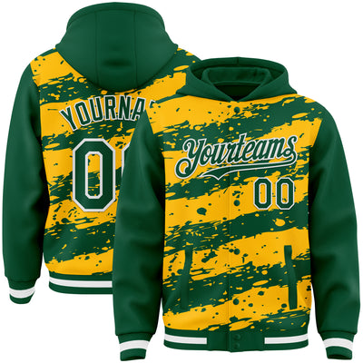 Custom Gold Kelly Green-White Splash 3D Pattern Design Bomber Full-Snap Varsity Letterman Hoodie Jacket
