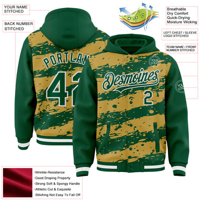 Custom Old Gold Kelly Green-White Splash 3D Pattern Design Bomber Full-Snap Varsity Letterman Hoodie Jacket