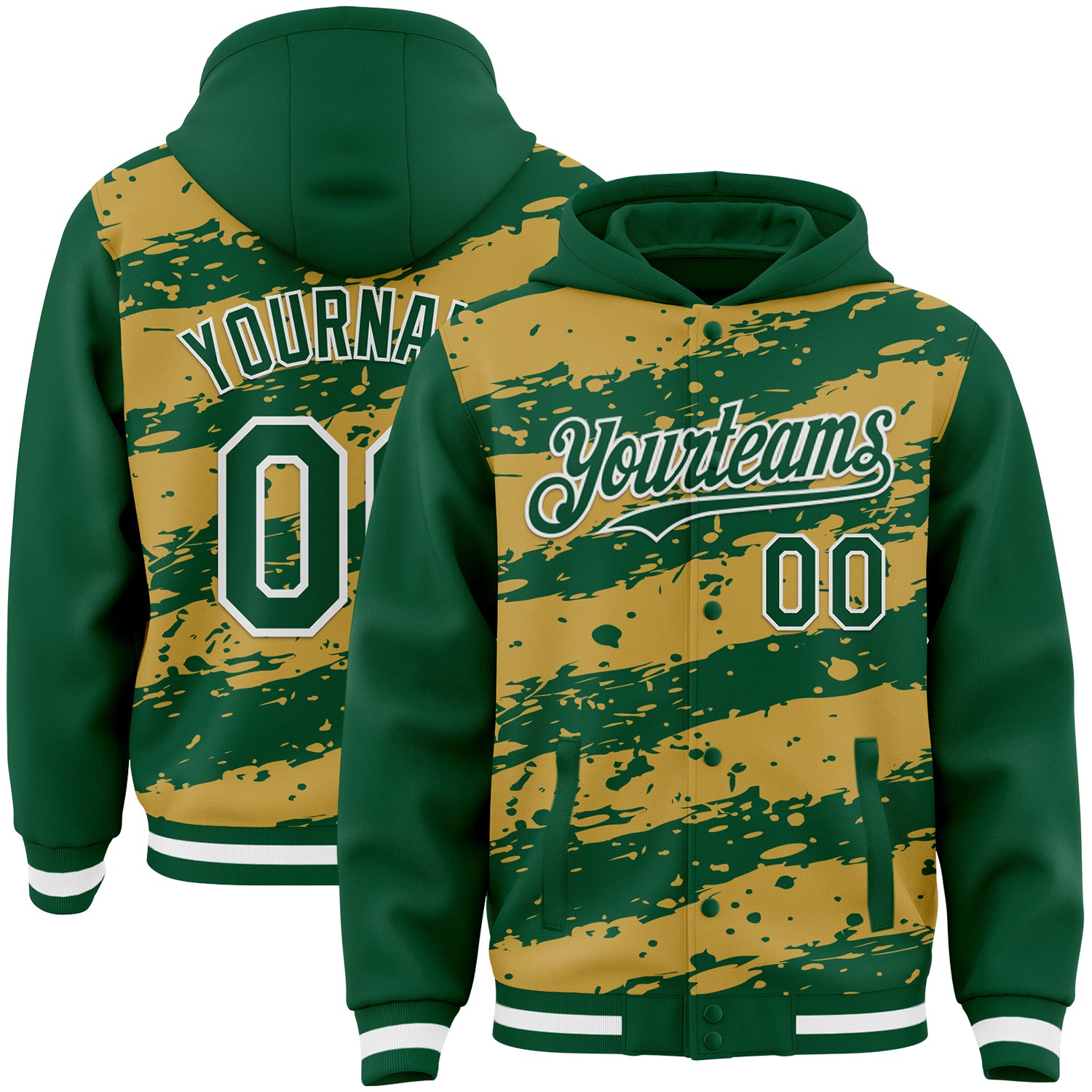 Custom Old Gold Kelly Green-White Splash 3D Pattern Design Bomber Full-Snap Varsity Letterman Hoodie Jacket
