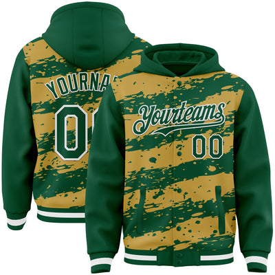 Custom Old Gold Kelly Green-White Splash 3D Pattern Design Bomber Full-Snap Varsity Letterman Hoodie Jacket