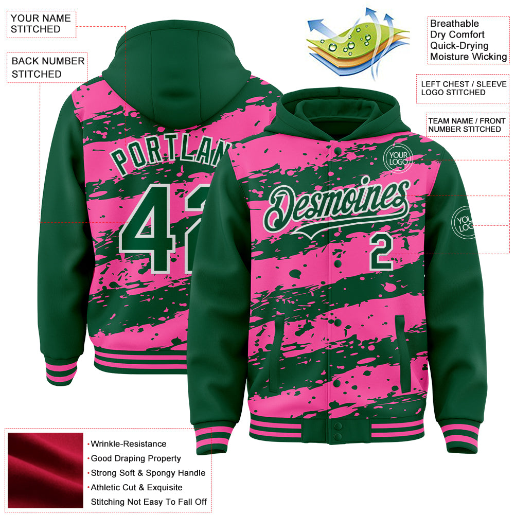 Custom Pink Kelly Green-White Splash 3D Pattern Design Bomber Full-Snap Varsity Letterman Hoodie Jacket