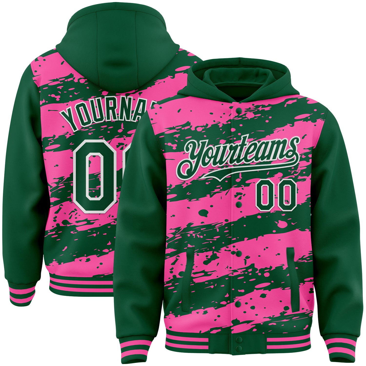 Custom Pink Kelly Green-White Splash 3D Pattern Design Bomber Full-Snap Varsity Letterman Hoodie Jacket