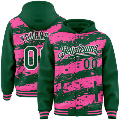 Custom Pink Kelly Green-White Splash 3D Pattern Design Bomber Full-Snap Varsity Letterman Hoodie Jacket