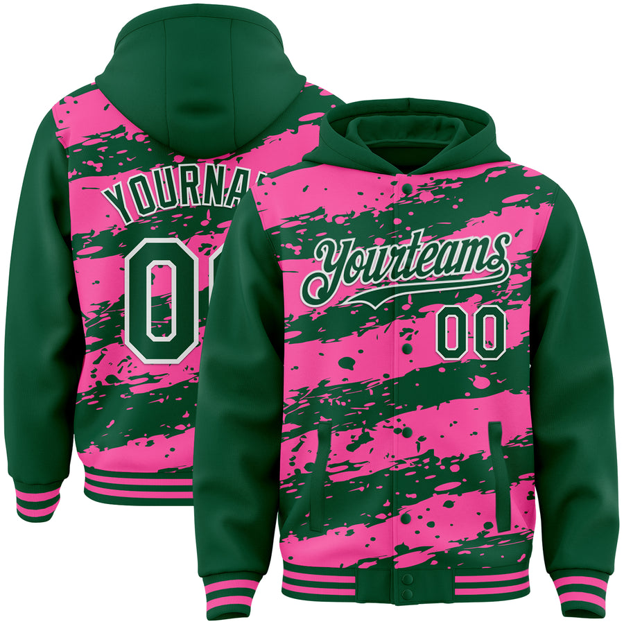 Custom Pink Kelly Green-White Splash 3D Pattern Design Bomber Full-Snap Varsity Letterman Hoodie Jacket