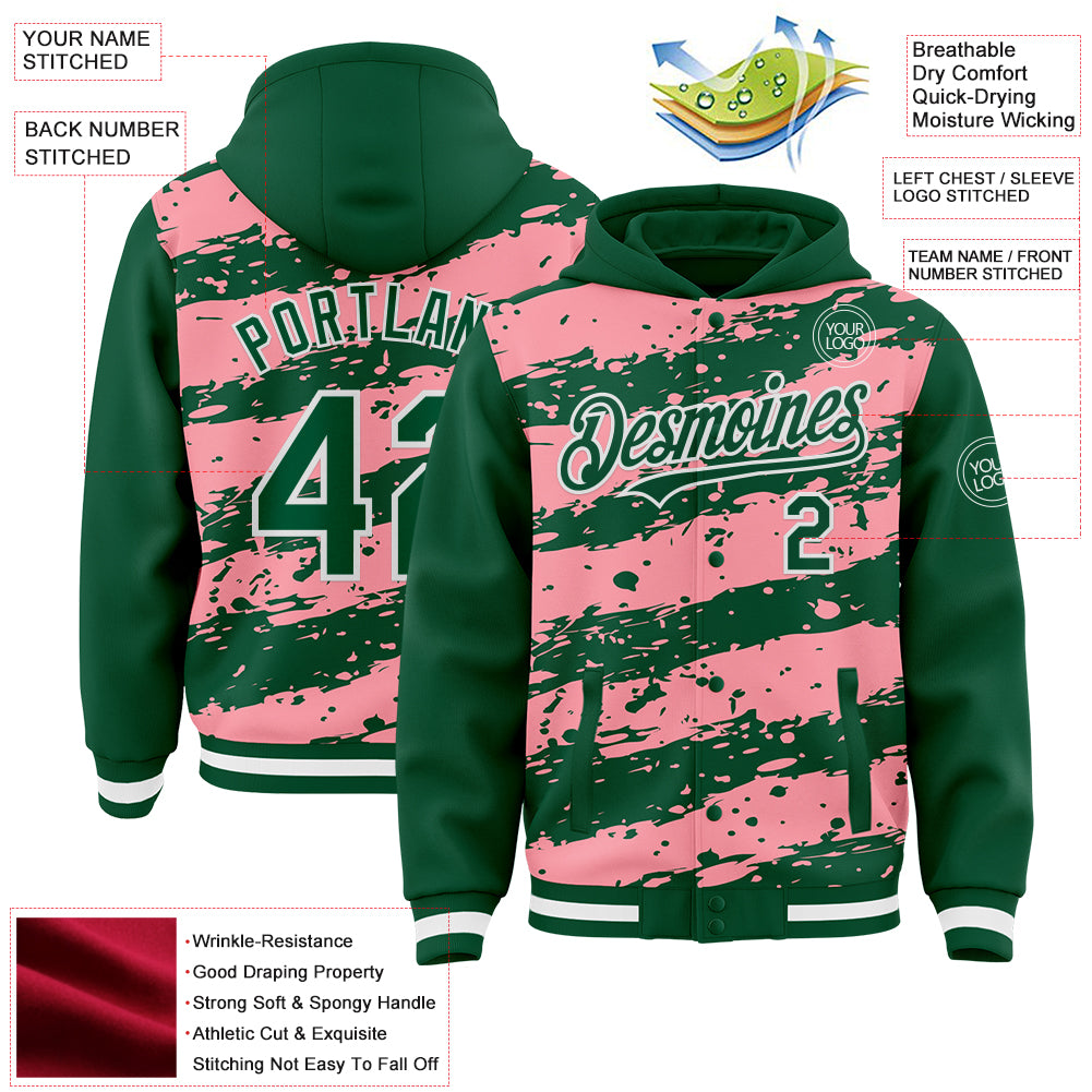 Custom Medium Pink Kelly Green-White Splash 3D Pattern Design Bomber Full-Snap Varsity Letterman Hoodie Jacket