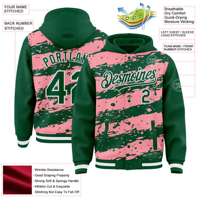 Custom Medium Pink Kelly Green-White Splash 3D Pattern Design Bomber Full-Snap Varsity Letterman Hoodie Jacket