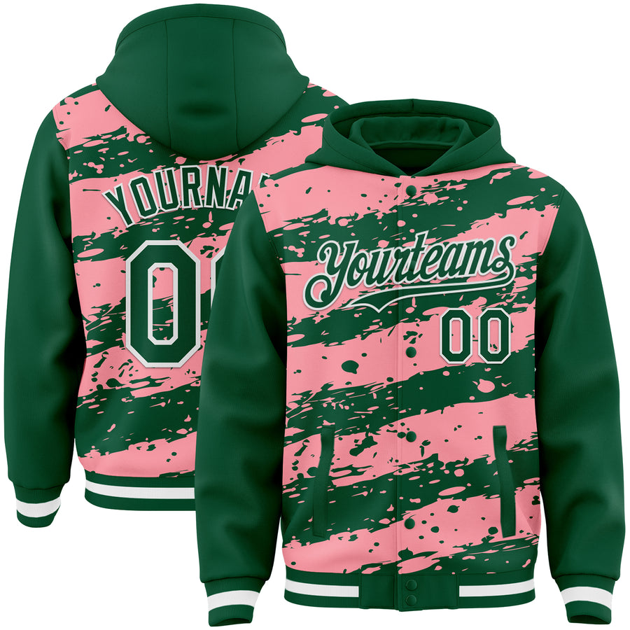 Custom Medium Pink Kelly Green-White Splash 3D Pattern Design Bomber Full-Snap Varsity Letterman Hoodie Jacket