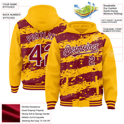 Custom Gold Crimson-White Splash 3D Pattern Design Bomber Full-Snap Varsity Letterman Hoodie Jacket