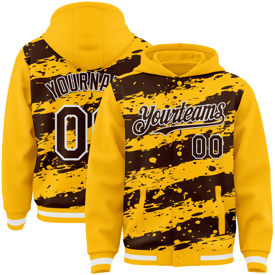 Custom Gold Brown-White Splash 3D Pattern Design Bomber Full-Snap Varsity Letterman Hoodie Jacket