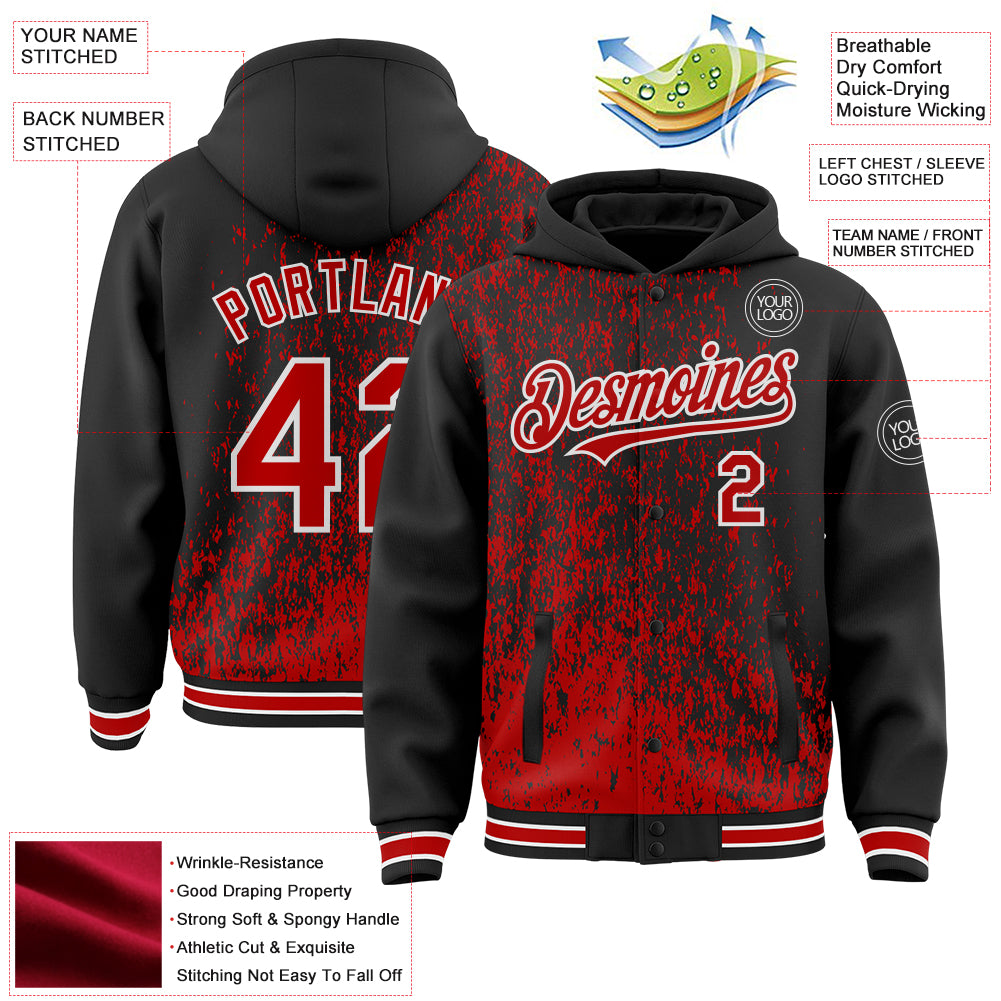 Custom Black Red-White Abstract Fragment Art 3D Pattern Design Bomber Full-Snap Varsity Letterman Hoodie Jacket