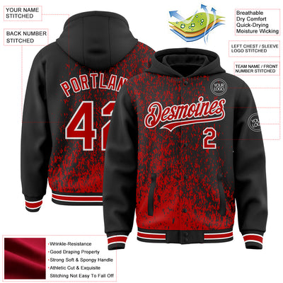 Custom Black Red-White Abstract Fragment Art 3D Pattern Design Bomber Full-Snap Varsity Letterman Hoodie Jacket