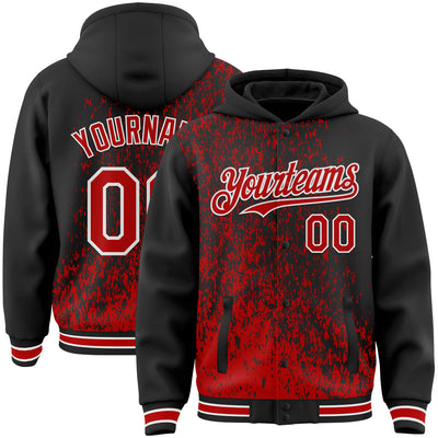 Custom Black Red-White Abstract Fragment Art 3D Pattern Design Bomber Full-Snap Varsity Letterman Hoodie Jacket
