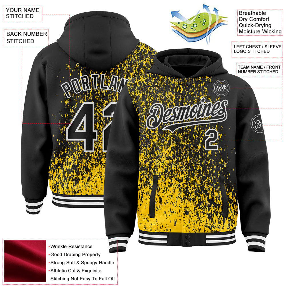 Custom Yellow Black-White Abstract Fragment Art 3D Pattern Design Bomber Full-Snap Varsity Letterman Hoodie Jacket