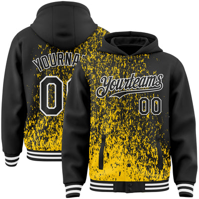 Custom Yellow Black-White Abstract Fragment Art 3D Pattern Design Bomber Full-Snap Varsity Letterman Hoodie Jacket