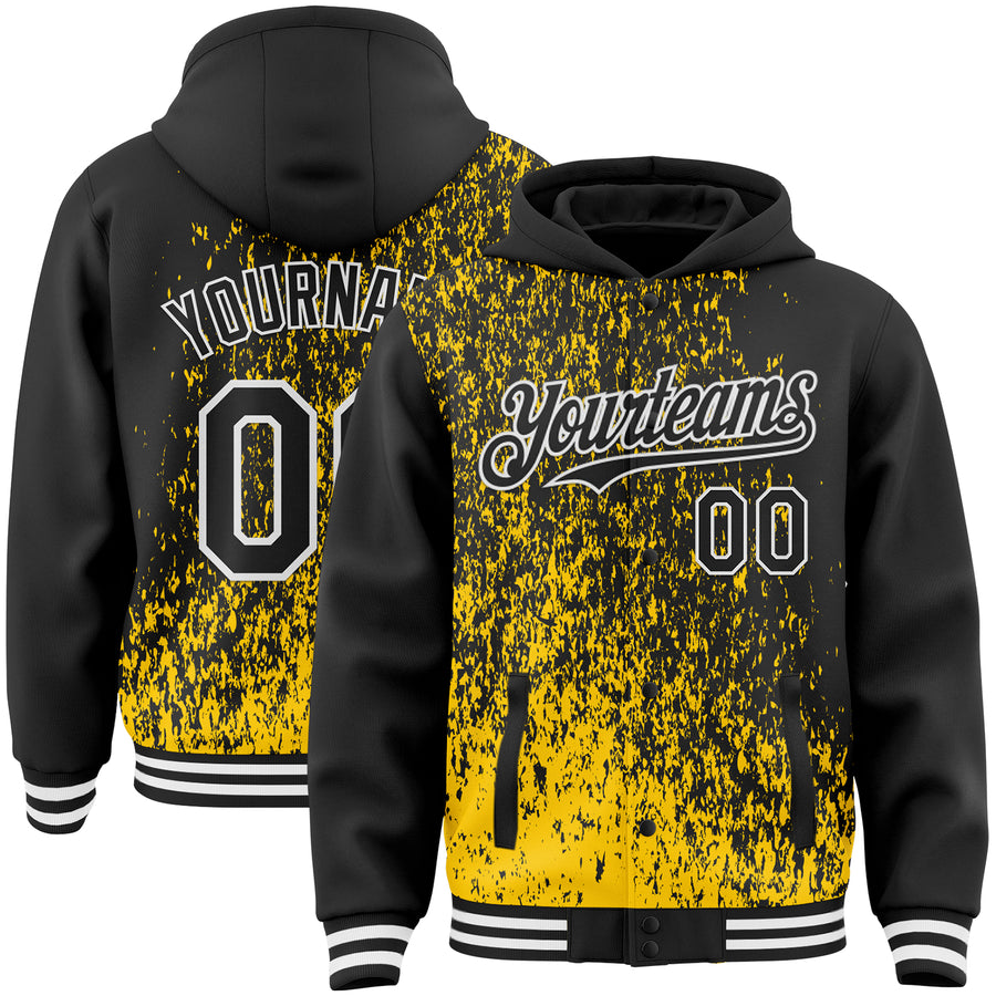 Custom Yellow Black-White Abstract Fragment Art 3D Pattern Design Bomber Full-Snap Varsity Letterman Hoodie Jacket