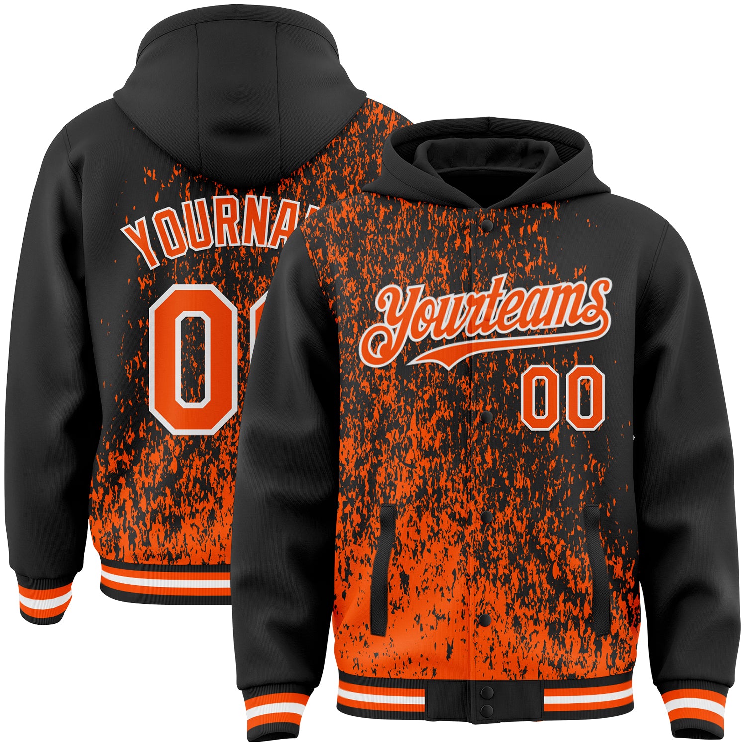 Custom Black Orange-White Abstract Fragment Art 3D Pattern Design Bomber Full-Snap Varsity Letterman Hoodie Jacket
