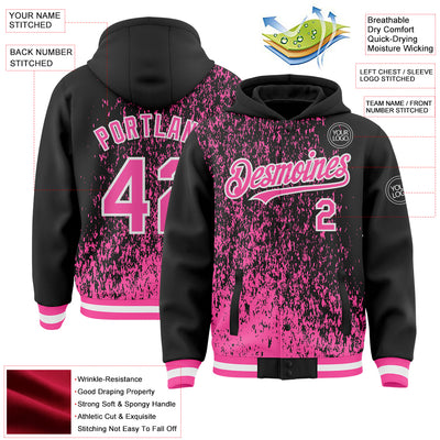 Custom Black Pink-White Abstract Fragment Art 3D Pattern Design Bomber Full-Snap Varsity Letterman Hoodie Jacket