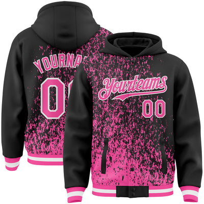 Custom Black Pink-White Abstract Fragment Art 3D Pattern Design Bomber Full-Snap Varsity Letterman Hoodie Jacket