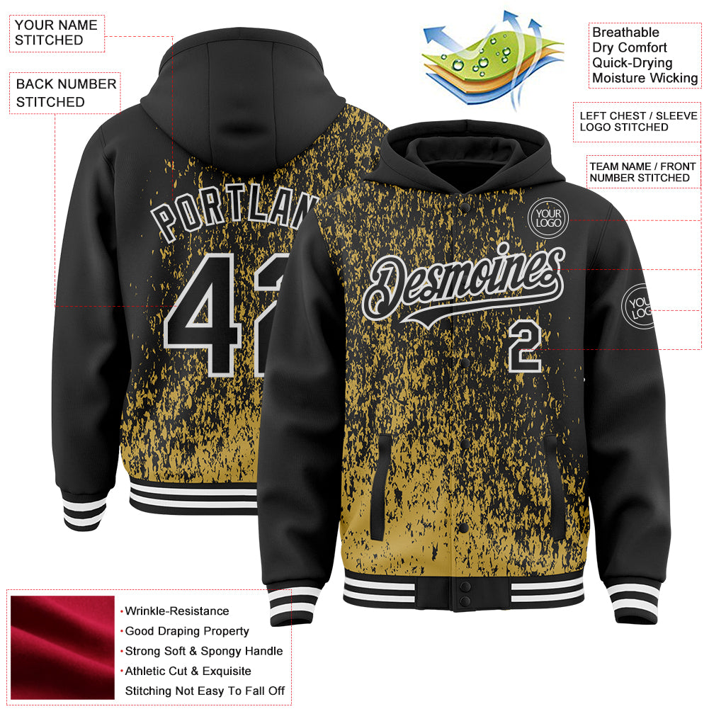Custom Old Gold Black-White Abstract Fragment Art 3D Pattern Design Bomber Full-Snap Varsity Letterman Hoodie Jacket