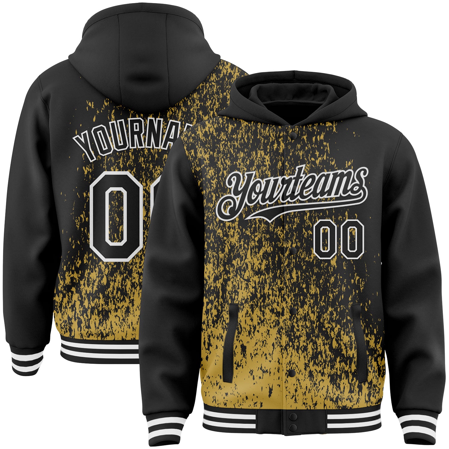 Custom Old Gold Black-White Abstract Fragment Art 3D Pattern Design Bomber Full-Snap Varsity Letterman Hoodie Jacket