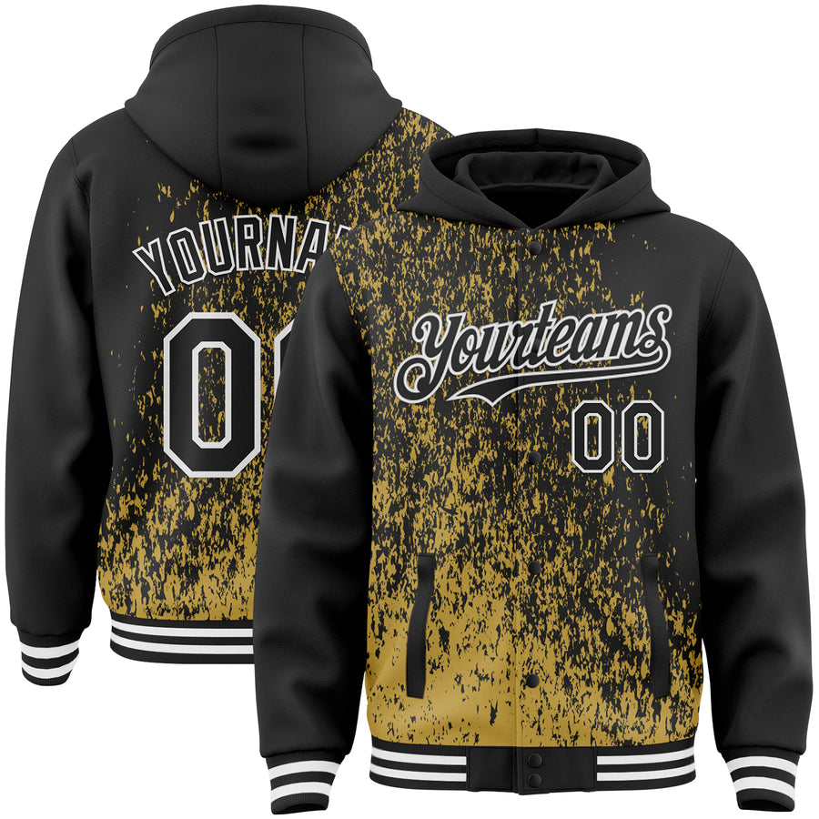 Custom Old Gold Black-White Abstract Fragment Art 3D Pattern Design Bomber Full-Snap Varsity Letterman Hoodie Jacket