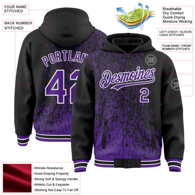Custom Black Purple-White Abstract Fragment Art 3D Pattern Design Bomber Full-Snap Varsity Letterman Hoodie Jacket