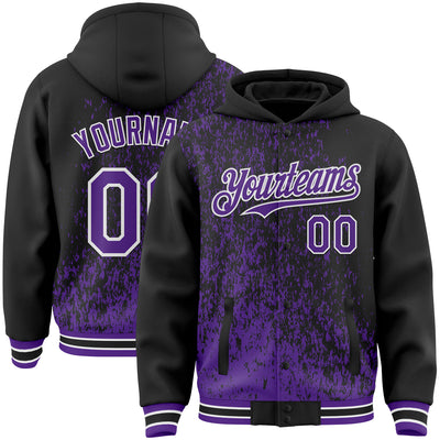 Custom Black Purple-White Abstract Fragment Art 3D Pattern Design Bomber Full-Snap Varsity Letterman Hoodie Jacket