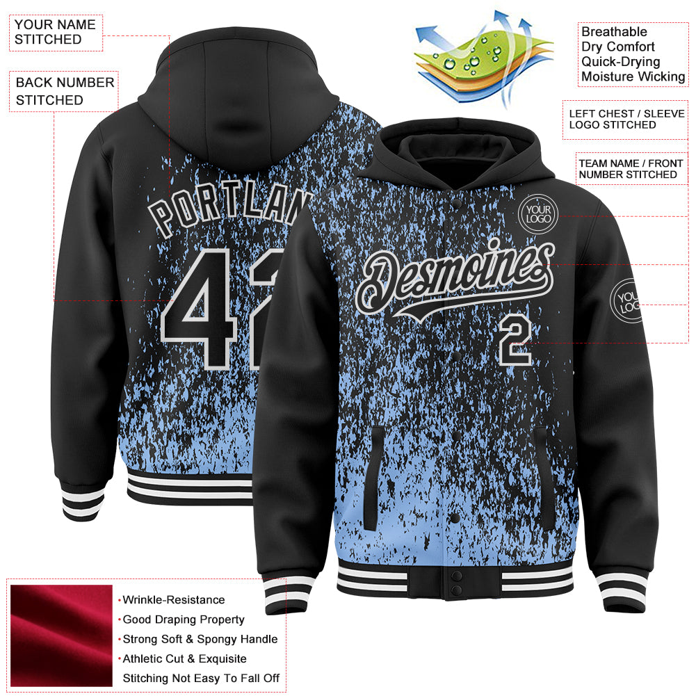 Custom Light Blue Black-White Abstract Fragment Art 3D Pattern Design Bomber Full-Snap Varsity Letterman Hoodie Jacket