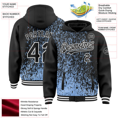 Custom Light Blue Black-White Abstract Fragment Art 3D Pattern Design Bomber Full-Snap Varsity Letterman Hoodie Jacket