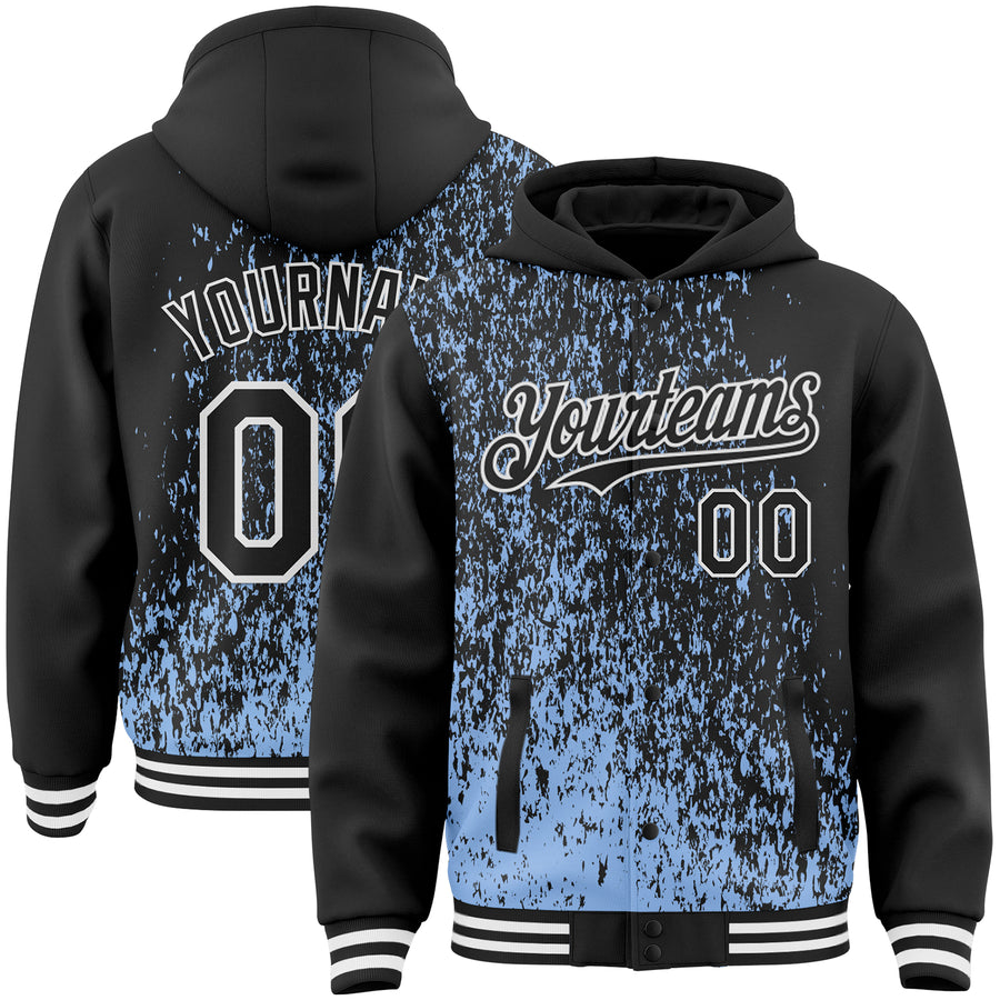 Custom Light Blue Black-White Abstract Fragment Art 3D Pattern Design Bomber Full-Snap Varsity Letterman Hoodie Jacket