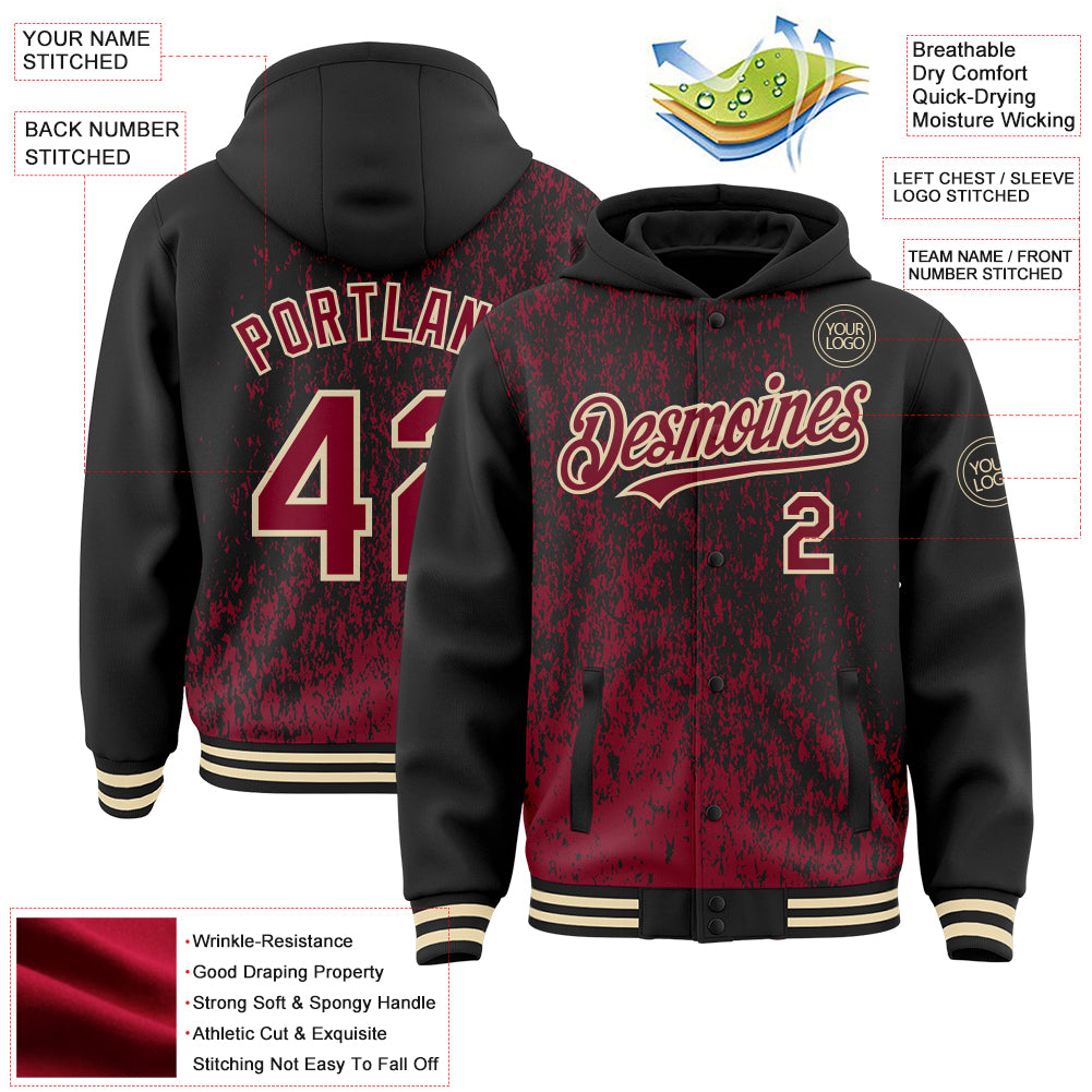 Custom Black Crimson-Cream Abstract Fragment Art 3D Pattern Design Bomber Full-Snap Varsity Letterman Hoodie Jacket