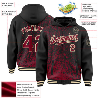 Custom Black Crimson-Cream Abstract Fragment Art 3D Pattern Design Bomber Full-Snap Varsity Letterman Hoodie Jacket