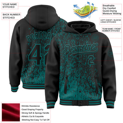 Custom Black Black-Teal Abstract Fragment Art 3D Pattern Design Bomber Full-Snap Varsity Letterman Hoodie Jacket