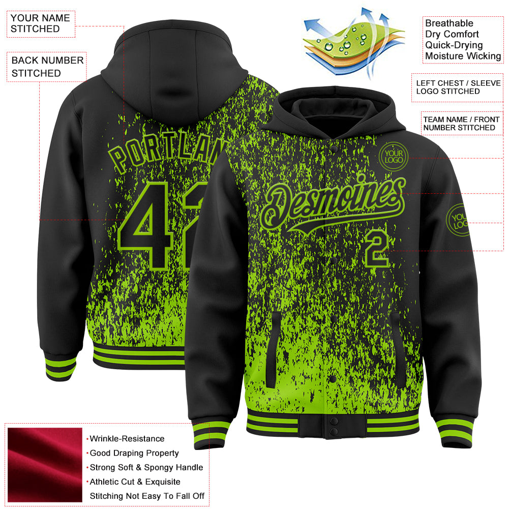 Custom Black Black-Neon Green Abstract Fragment Art 3D Pattern Design Bomber Full-Snap Varsity Letterman Hoodie Jacket