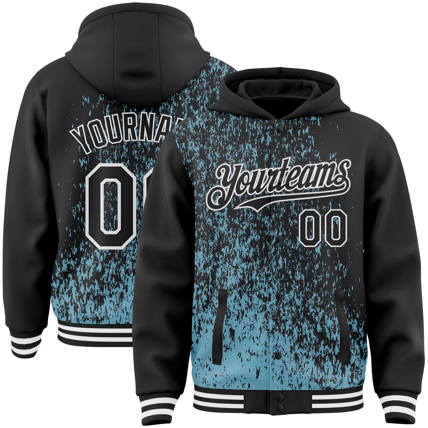 Custom Shadow Blue Black-White Abstract Fragment Art 3D Pattern Design Bomber Full-Snap Varsity Letterman Hoodie Jacket