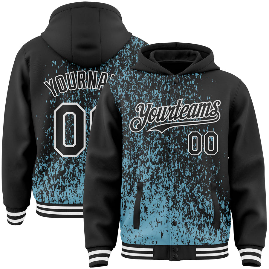 Custom Shadow Blue Black-White Abstract Fragment Art 3D Pattern Design Bomber Full-Snap Varsity Letterman Hoodie Jacket