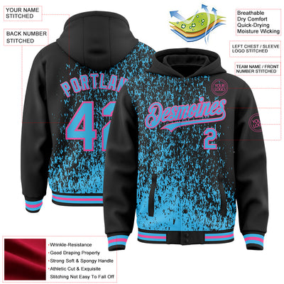 Custom Black Sky Blue-Pink Abstract Fragment Art 3D Pattern Design Bomber Full-Snap Varsity Letterman Hoodie Jacket