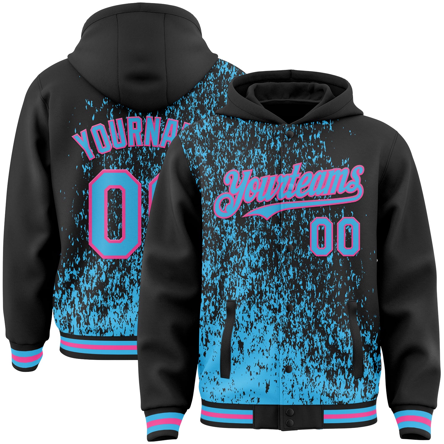 Custom Black Sky Blue-Pink Abstract Fragment Art 3D Pattern Design Bomber Full-Snap Varsity Letterman Hoodie Jacket