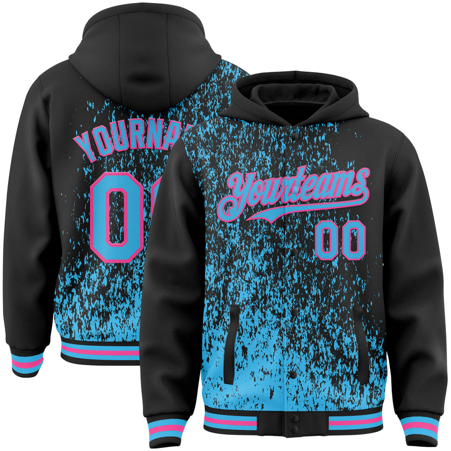 Custom Black Sky Blue-Pink Abstract Fragment Art 3D Pattern Design Bomber Full-Snap Varsity Letterman Hoodie Jacket