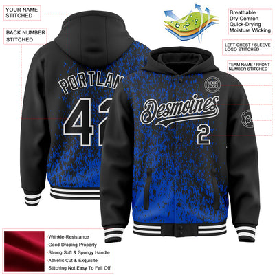 Custom Thunder Blue Black-White Abstract Fragment Art 3D Pattern Design Bomber Full-Snap Varsity Letterman Hoodie Jacket