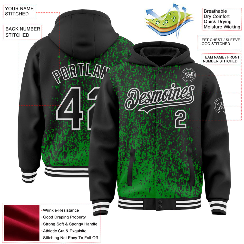Custom Grass Green Black-White Abstract Fragment Art 3D Pattern Design Bomber Full-Snap Varsity Letterman Hoodie Jacket