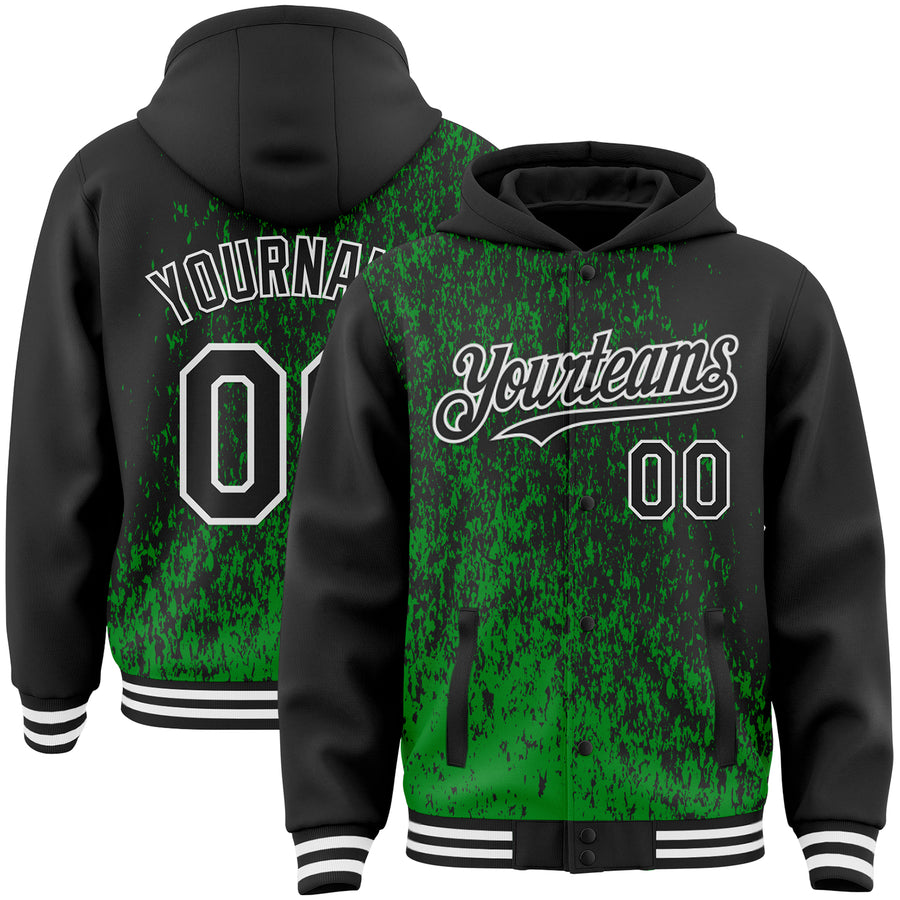Custom Grass Green Black-White Abstract Fragment Art 3D Pattern Design Bomber Full-Snap Varsity Letterman Hoodie Jacket