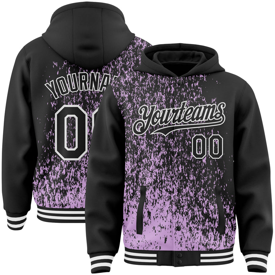 Custom Light Purple Black-White Abstract Fragment Art 3D Pattern Design Bomber Full-Snap Varsity Letterman Hoodie Jacket