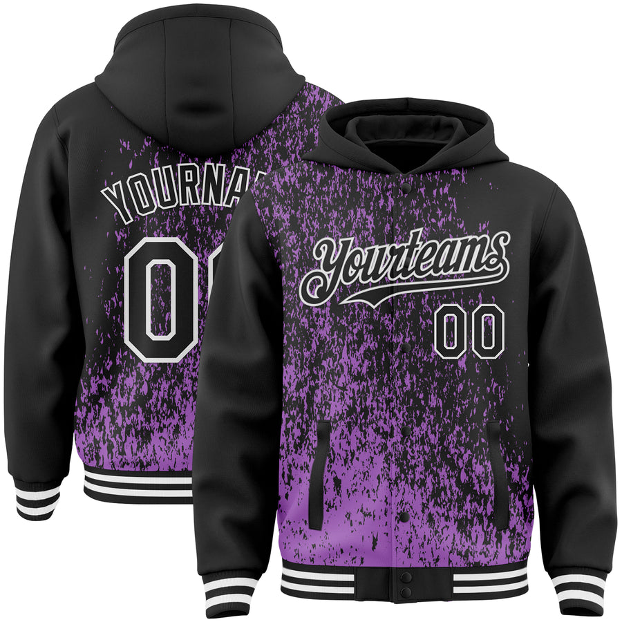 Custom Medium Purple Black-White Abstract Fragment Art 3D Pattern Design Bomber Full-Snap Varsity Letterman Hoodie Jacket
