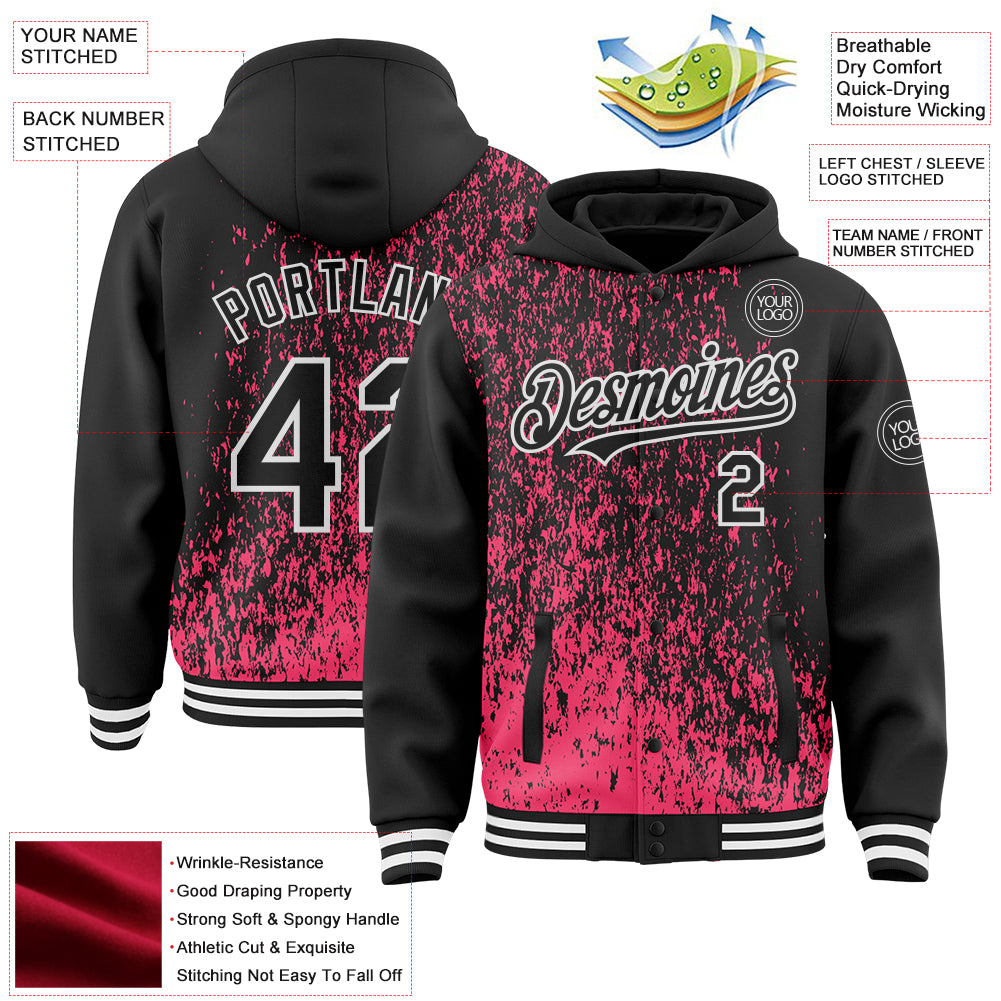 Custom Neon Pink Black-White Abstract Fragment Art 3D Pattern Design Bomber Full-Snap Varsity Letterman Hoodie Jacket