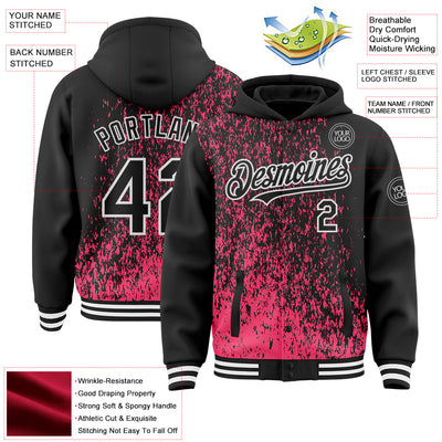 Custom Neon Pink Black-White Abstract Fragment Art 3D Pattern Design Bomber Full-Snap Varsity Letterman Hoodie Jacket
