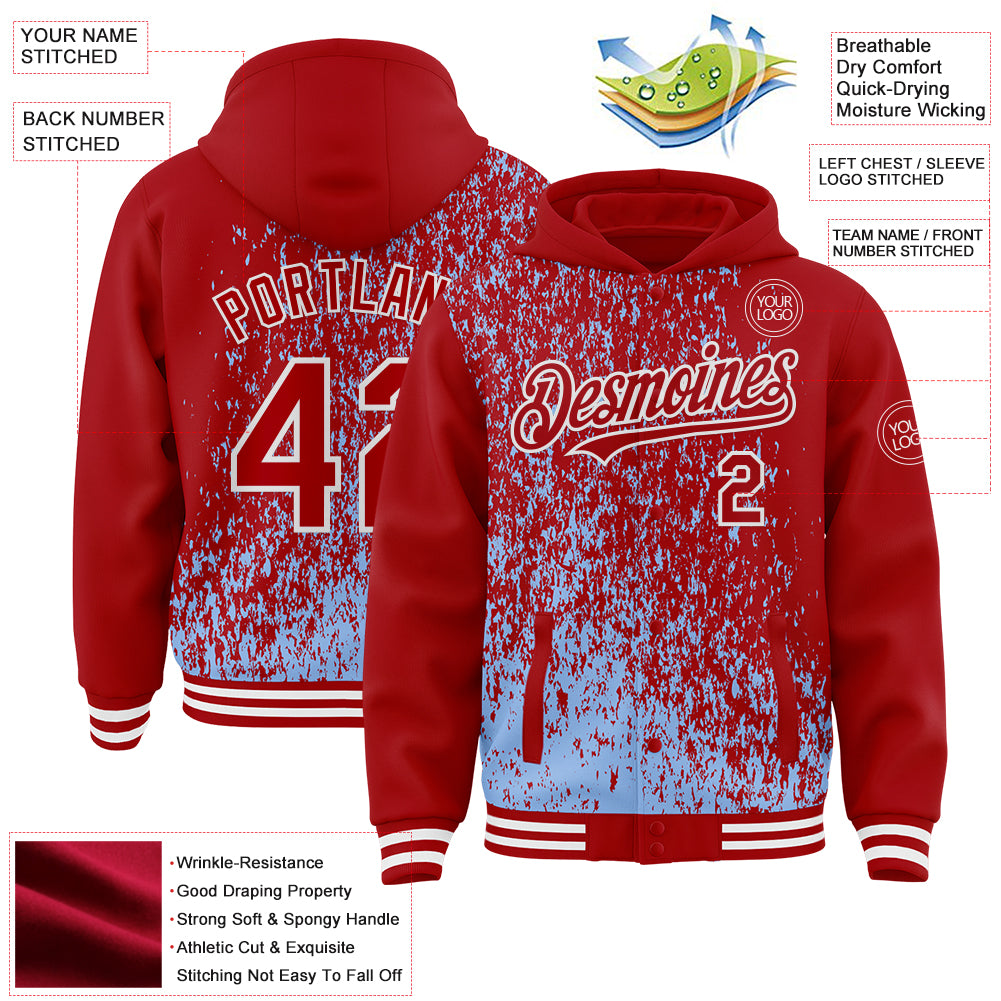 Custom Light Blue Red-White Abstract Fragment Art 3D Pattern Design Bomber Full-Snap Varsity Letterman Hoodie Jacket