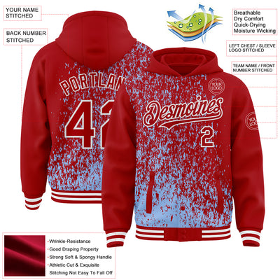 Custom Light Blue Red-White Abstract Fragment Art 3D Pattern Design Bomber Full-Snap Varsity Letterman Hoodie Jacket
