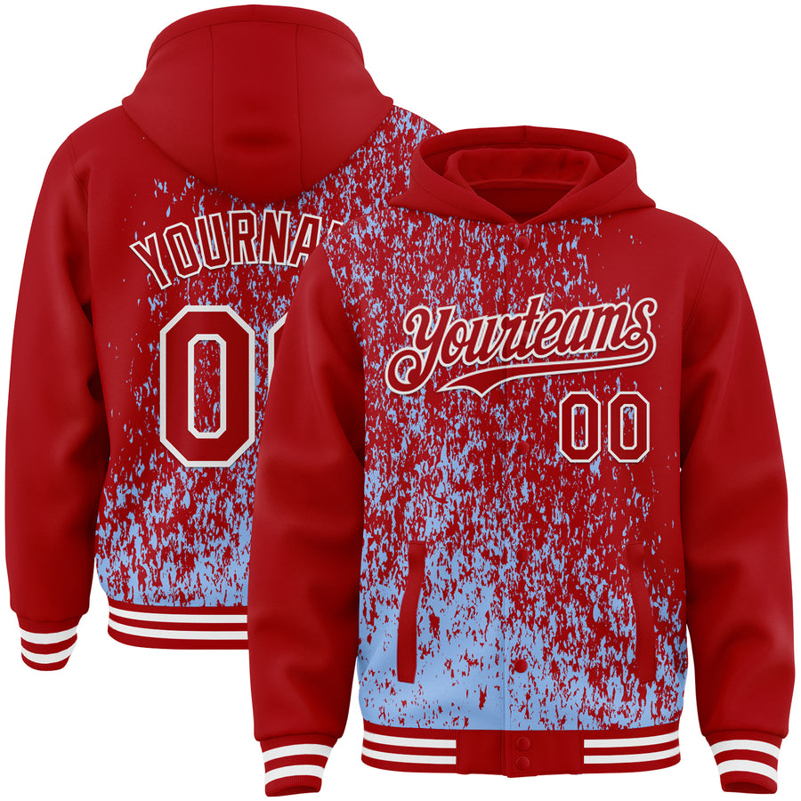 Custom Light Blue Red-White Abstract Fragment Art 3D Pattern Design Bomber Full-Snap Varsity Letterman Hoodie Jacket