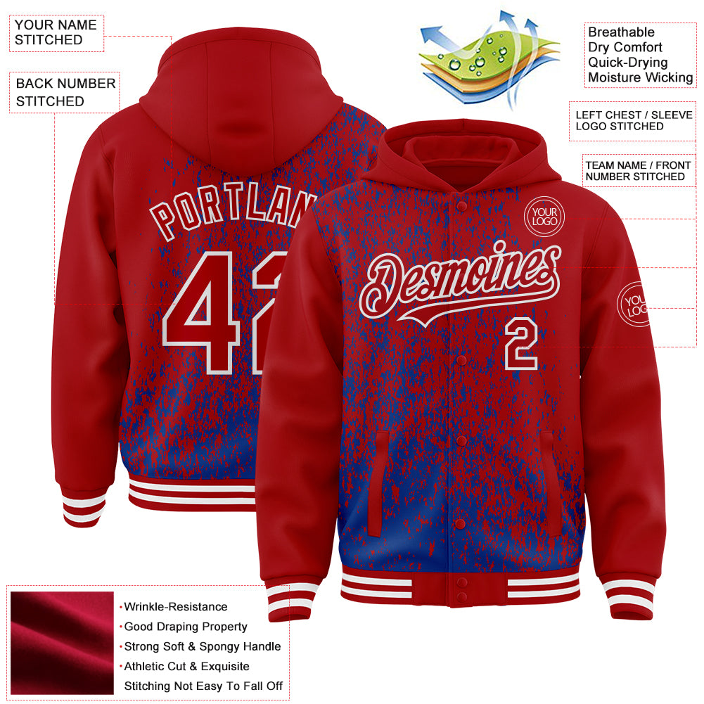 Custom Royal Red-White Abstract Fragment Art 3D Pattern Design Bomber Full-Snap Varsity Letterman Hoodie Jacket